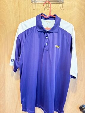 Antigua LSU Purple Polo with White Shoulder Panels